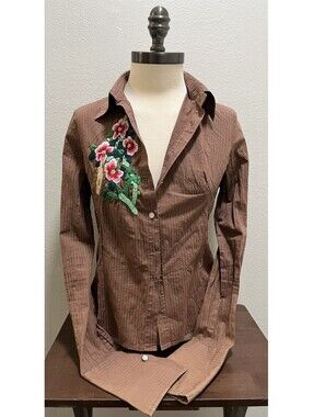 VTG Miss Me Brown Striped Button Up Blouse Sz M Embroidered